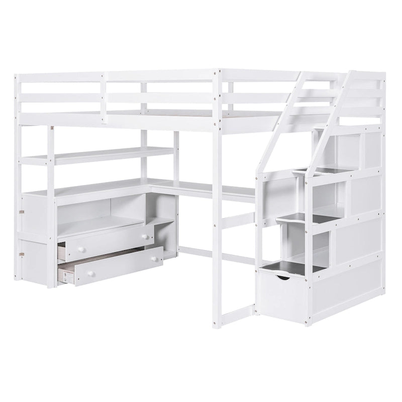 Lit mezzanine pleine grandeur avec bureau, étagères et tiroirs de rangement