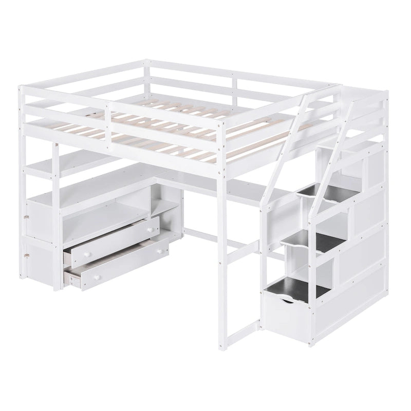 Lit mezzanine pleine grandeur avec bureau, étagères et tiroirs de rangement