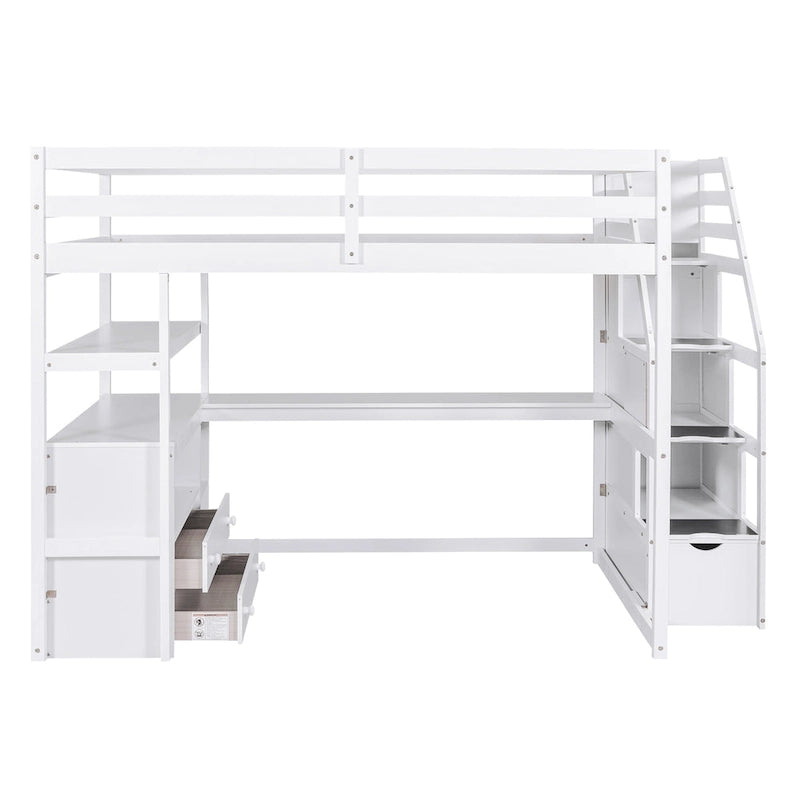 Lit mezzanine pleine grandeur avec bureau, étagères et tiroirs de rangement