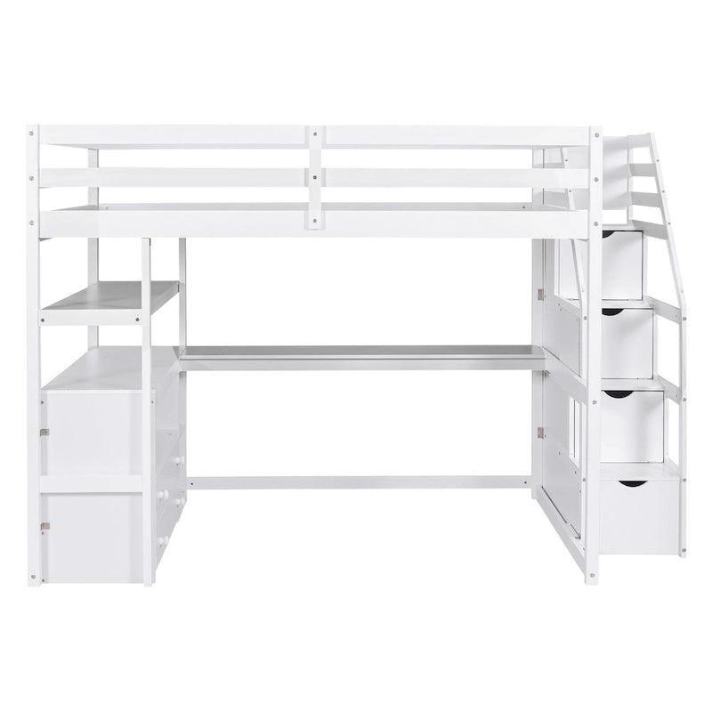 Lit mezzanine pleine grandeur avec bureau, étagères et tiroirs de rangement