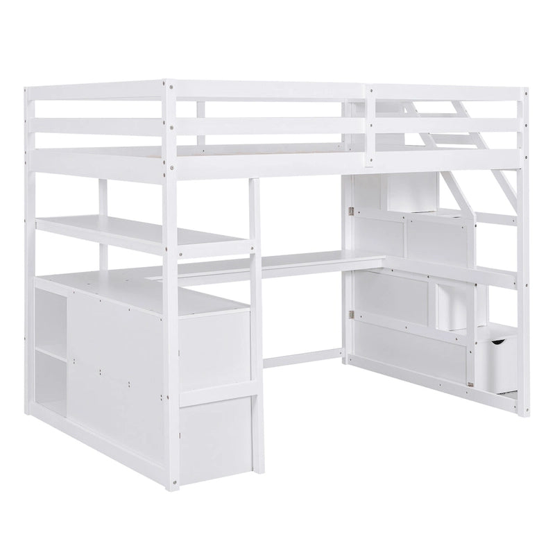 Lit mezzanine pleine grandeur avec bureau, étagères et tiroirs de rangement