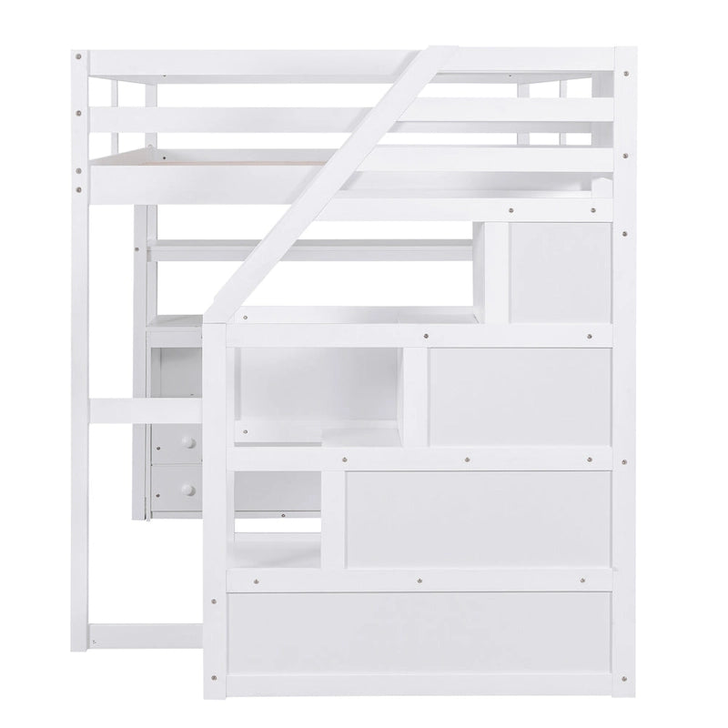 Lit mezzanine pleine grandeur avec bureau, étagères et tiroirs de rangement