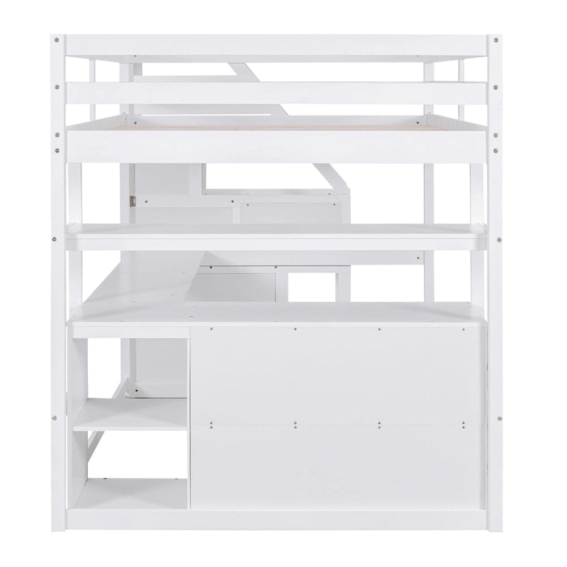 Lit mezzanine pleine grandeur avec bureau, étagères et tiroirs de rangement