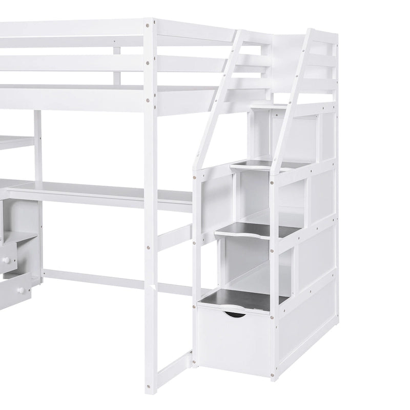 Lit mezzanine pleine grandeur avec bureau, étagères et tiroirs de rangement