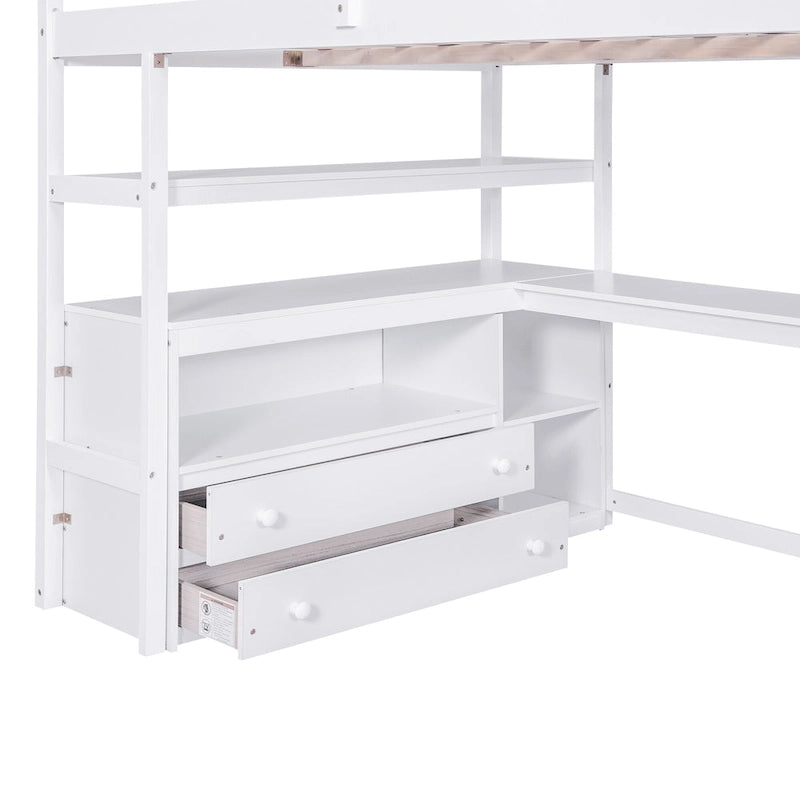 Lit mezzanine pleine grandeur avec bureau, étagères et tiroirs de rangement