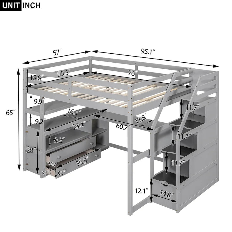 Lit mezzanine pleine grandeur avec bureau, étagères et tiroirs de rangement