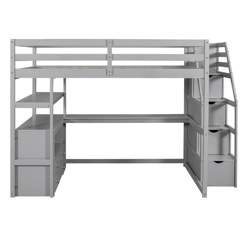 Lit mezzanine pleine grandeur avec bureau, étagères et tiroirs de rangement