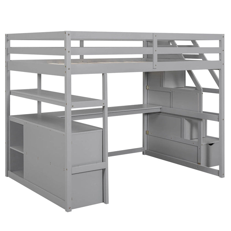 Lit mezzanine pleine grandeur avec bureau, étagères et tiroirs de rangement