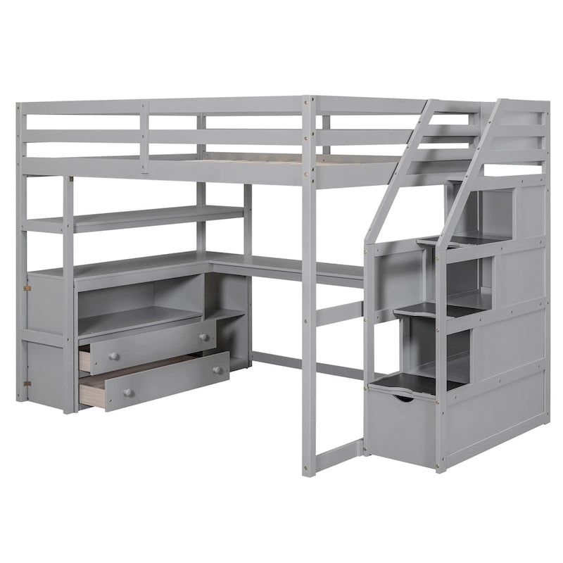 Lit mezzanine pleine grandeur avec bureau, étagères et tiroirs de rangement
