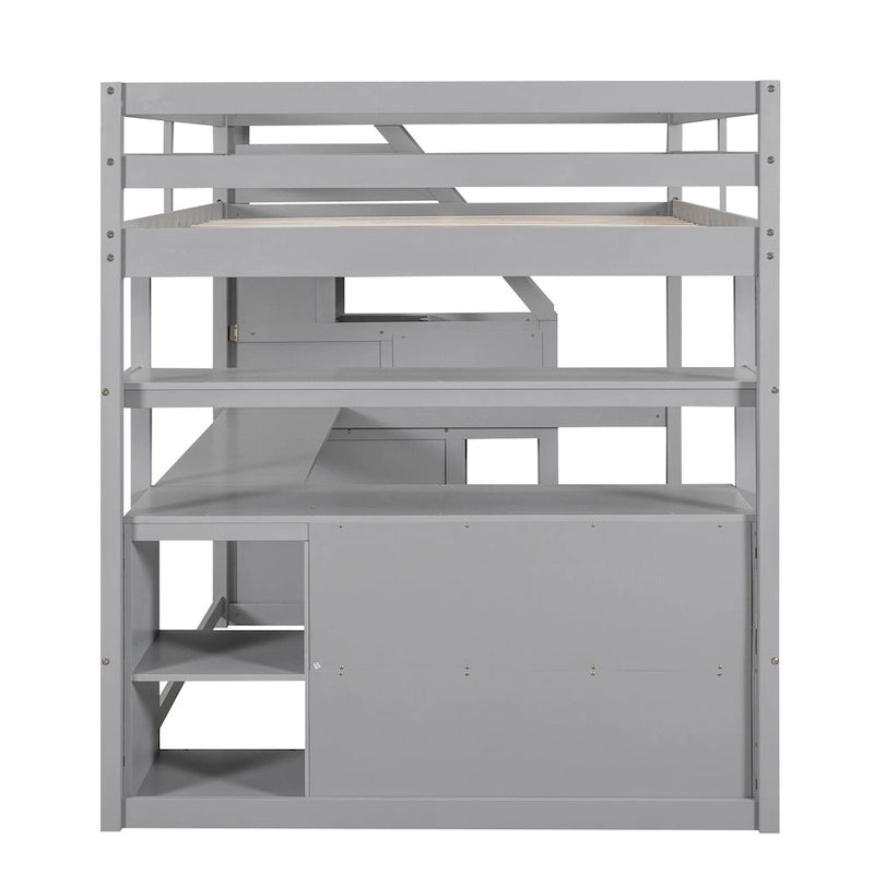 Lit mezzanine pleine grandeur avec bureau, étagères et tiroirs de rangement