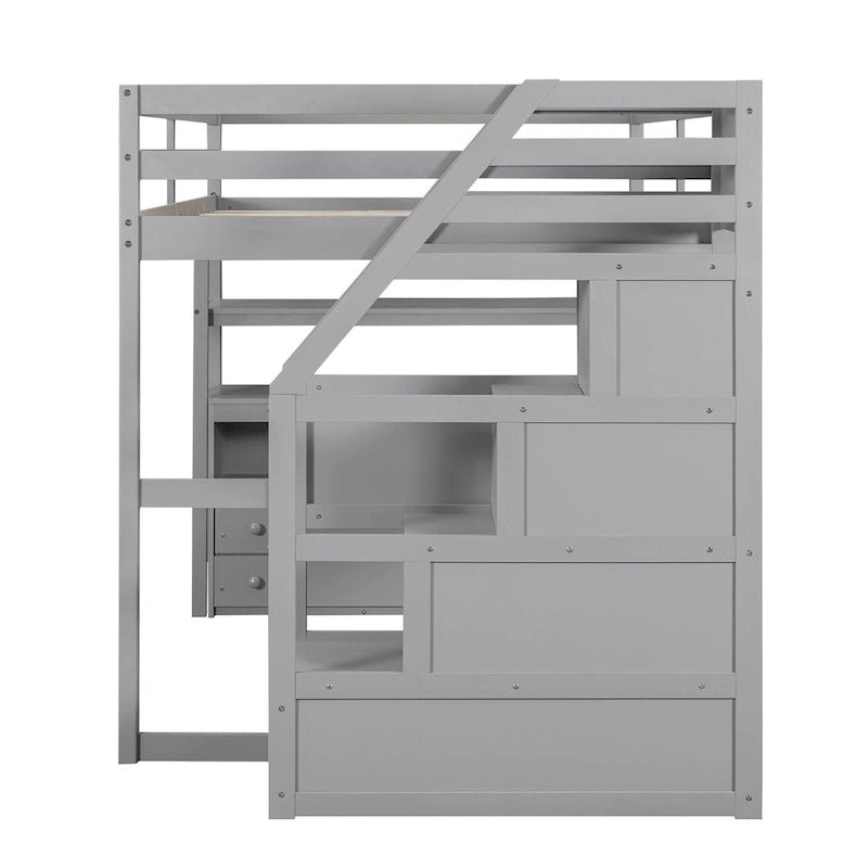 Lit mezzanine pleine grandeur avec bureau, étagères et tiroirs de rangement