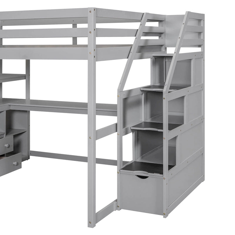 Lit mezzanine pleine grandeur avec bureau, étagères et tiroirs de rangement