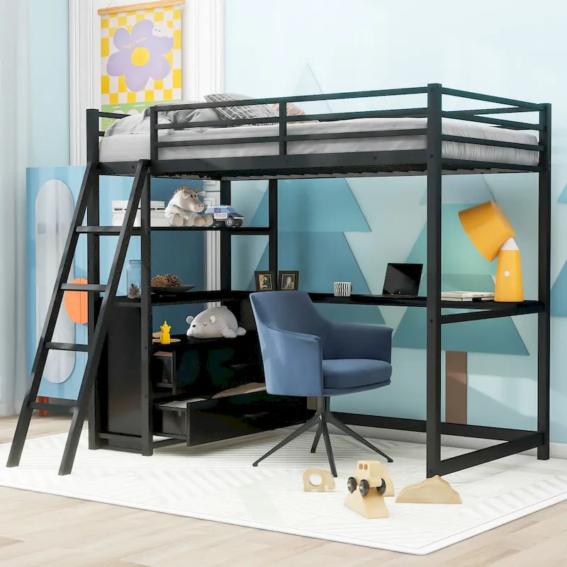 Lit mezzanine double en métal et bois avec bureau, étagères et 2 tiroirs de rangement