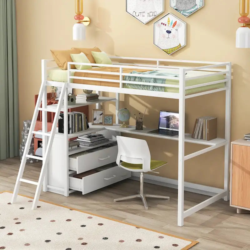 Lit mezzanine double en métal et bois avec bureau, étagères et 2 tiroirs de rangement