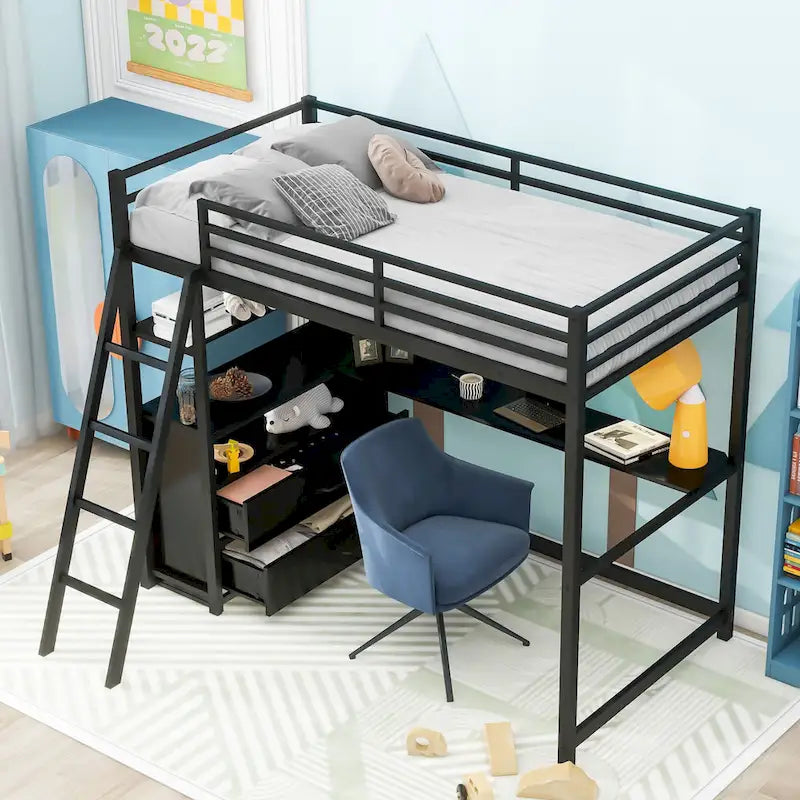 Lit mezzanine double en métal et bois avec bureau, étagères et 2 tiroirs de rangement