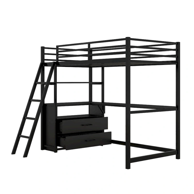 Lit mezzanine double en métal et bois avec bureau, étagères et 2 tiroirs de rangement