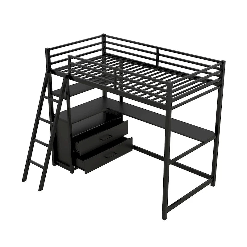 Lit mezzanine double en métal et bois avec bureau, étagères et 2 tiroirs de rangement
