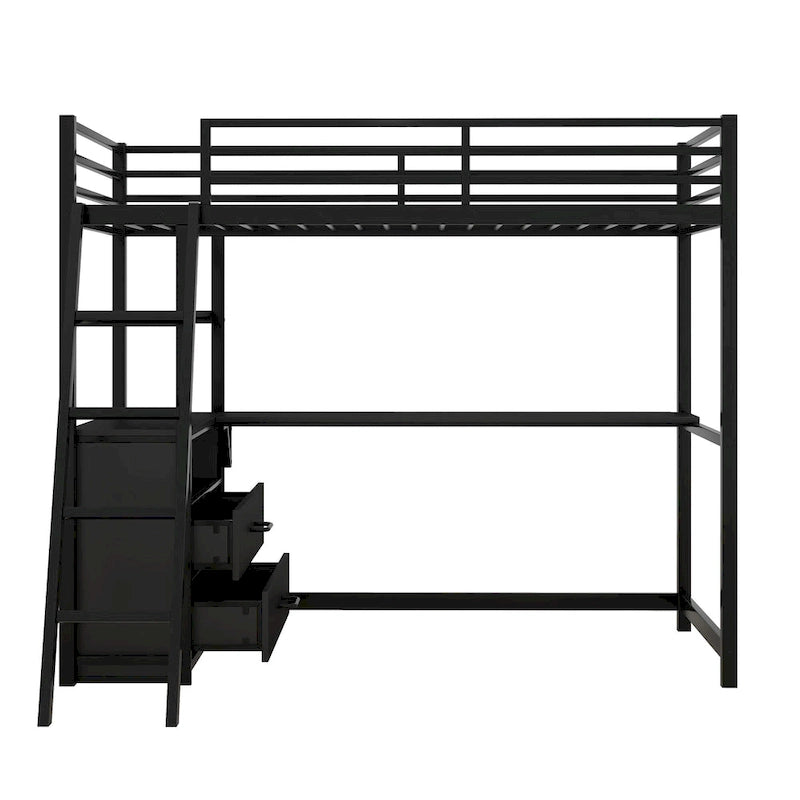Lit mezzanine double en métal et bois avec bureau, étagères et 2 tiroirs de rangement