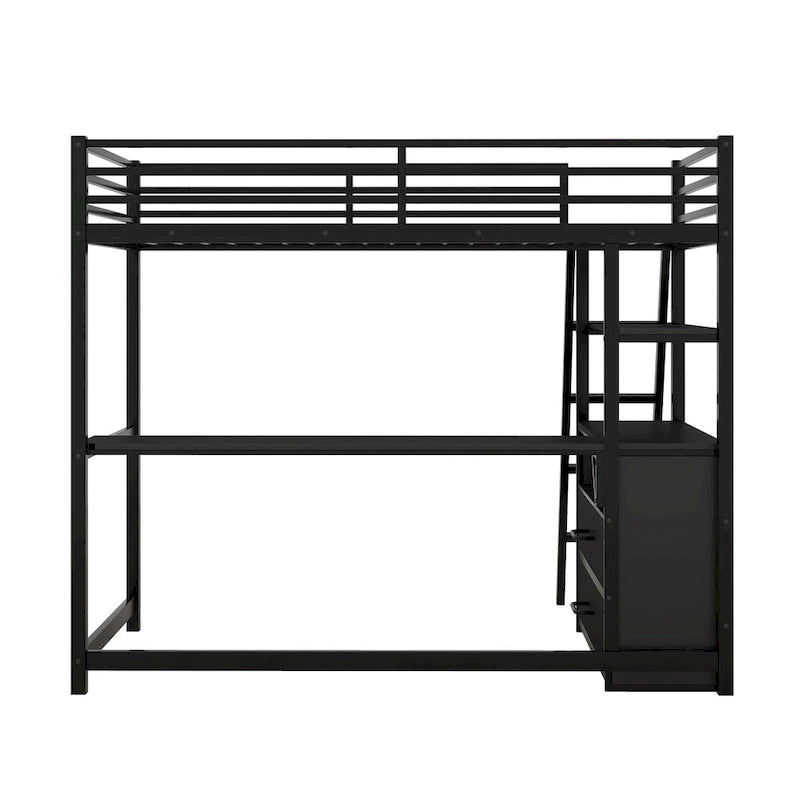 Lit mezzanine double en métal et bois avec bureau, étagères et 2 tiroirs de rangement