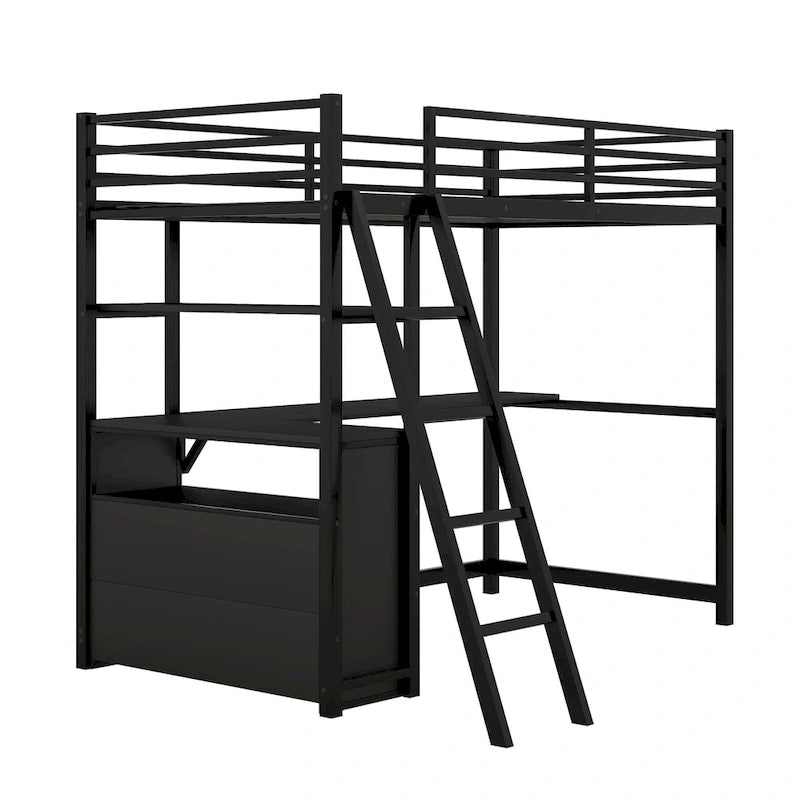 Lit mezzanine double en métal et bois avec bureau, étagères et 2 tiroirs de rangement