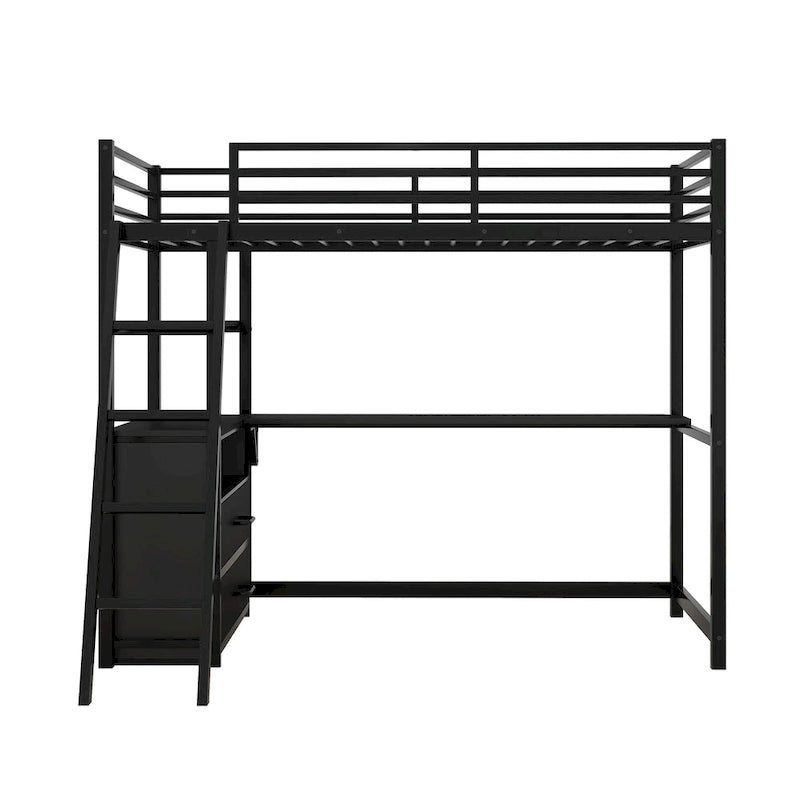 Lit mezzanine double en métal et bois avec bureau, étagères et 2 tiroirs de rangement