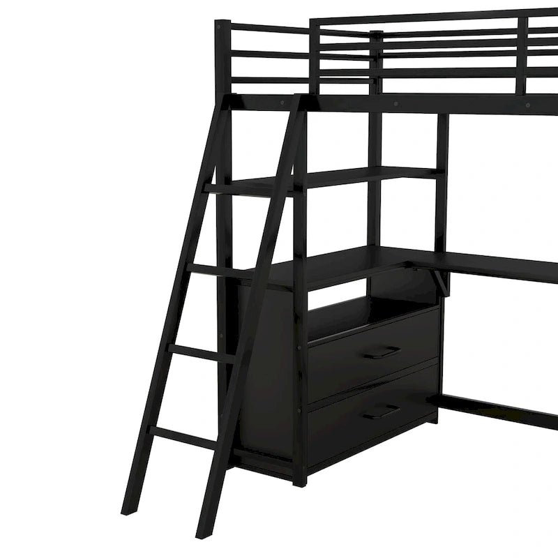 Lit mezzanine double en métal et bois avec bureau, étagères et 2 tiroirs de rangement