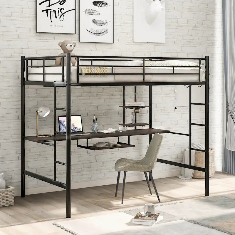 Lit mezzanine en métal pleine grandeur avec bureau, tiroir, étagères et deux échelles