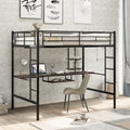 Lit mezzanine en métal pleine grandeur avec bureau, tiroir, étagères et deux échelles