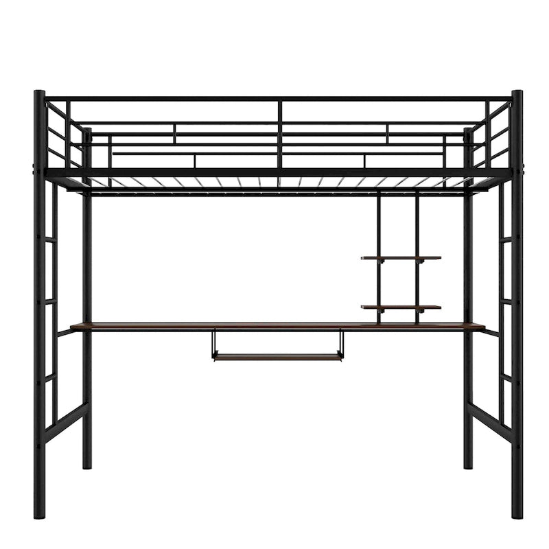 Lit mezzanine en métal pleine grandeur avec bureau, tiroir, étagères et deux échelles