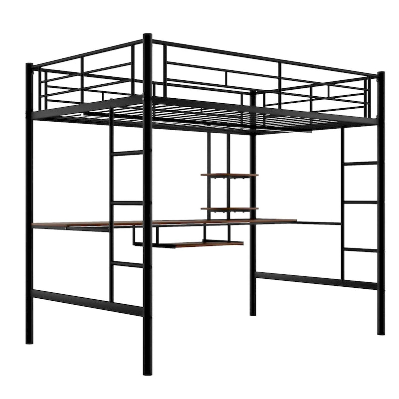 Lit mezzanine en métal pleine grandeur avec bureau, tiroir, étagères et deux échelles