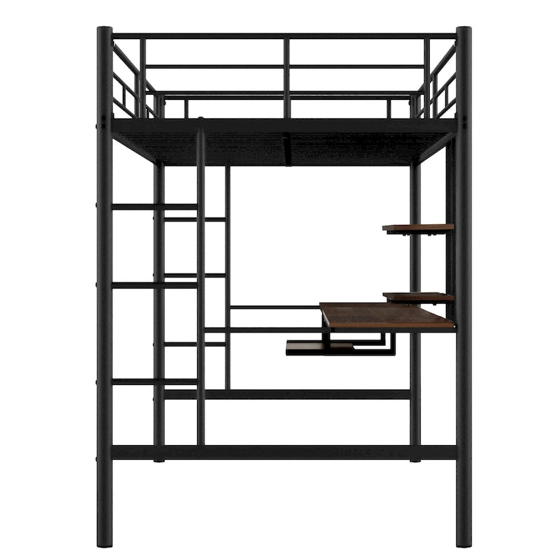 Lit mezzanine en métal pleine grandeur avec bureau, tiroir, étagères et deux échelles