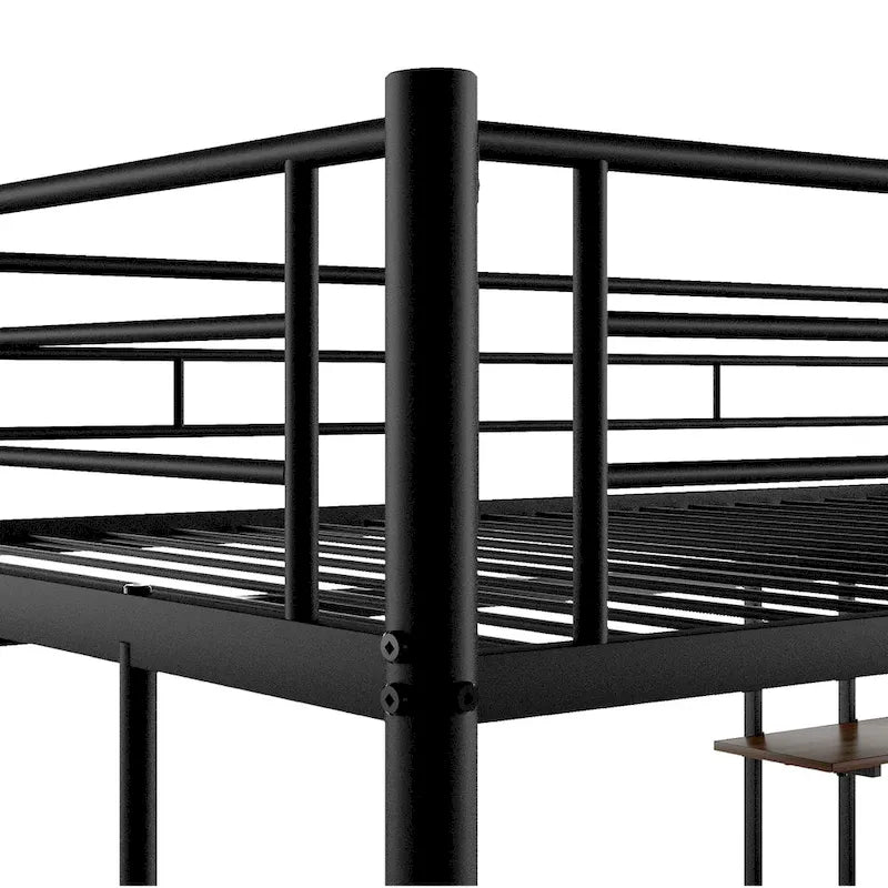 Lit mezzanine en métal pleine grandeur avec bureau, tiroir, étagères et deux échelles