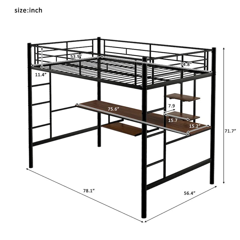 Lit mezzanine en métal pleine grandeur avec bureau, tiroir, étagères et deux échelles