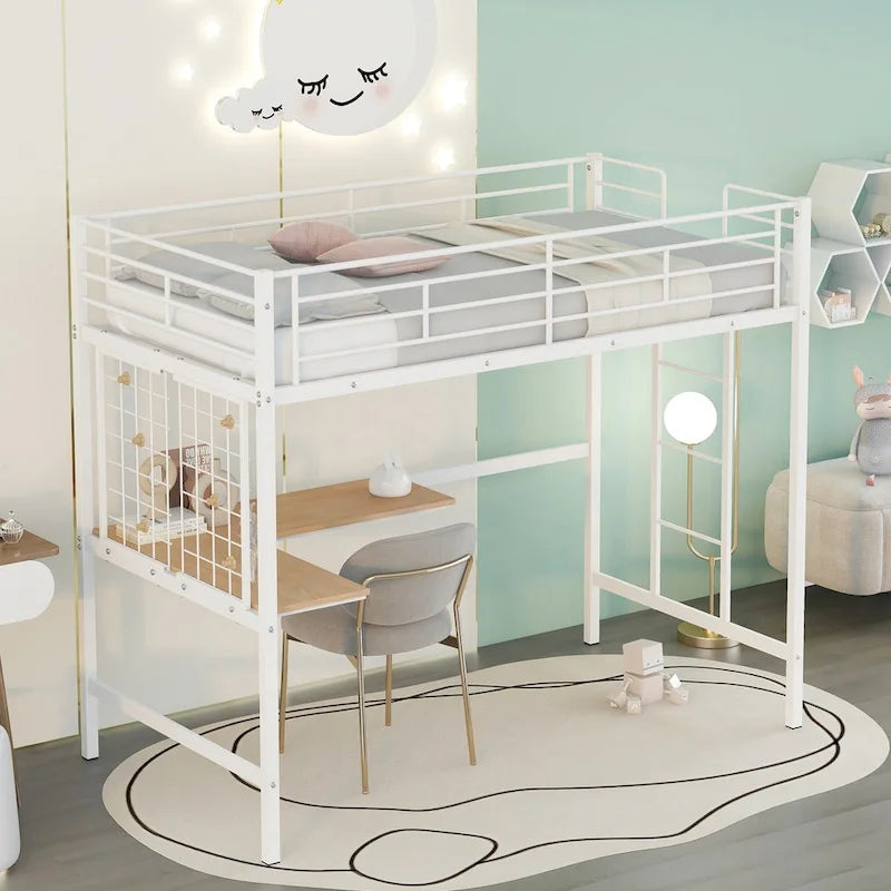 Lit mezzanine double en métal avec bureau, échelle à 4 marches, garde-corps et panneau quadrillé décoratif