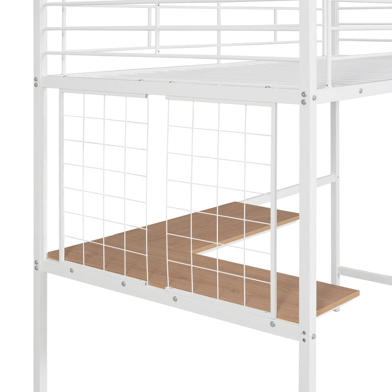 Lit mezzanine double en métal avec bureau, échelle à 4 marches, garde-corps et panneau quadrillé décoratif