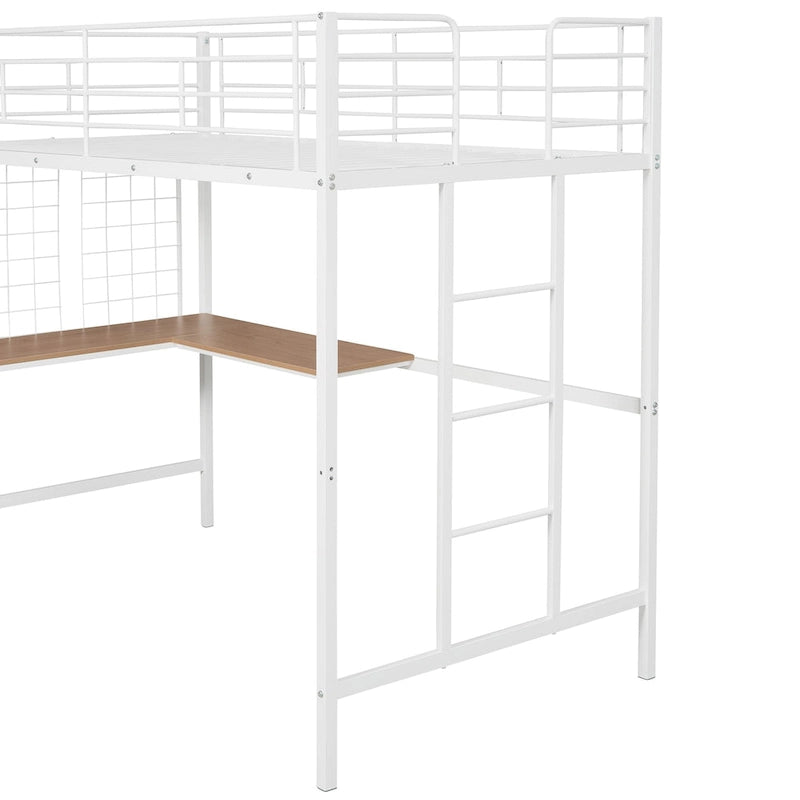 Lit mezzanine double en métal avec bureau, échelle à 4 marches, garde-corps et panneau quadrillé décoratif