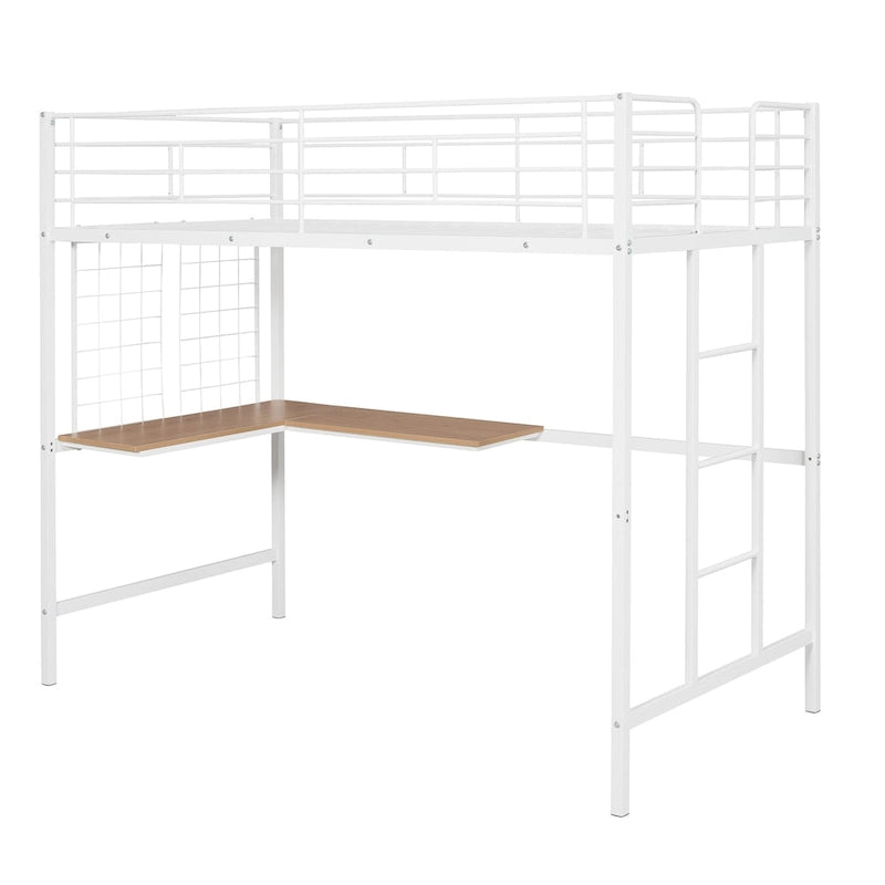 Lit mezzanine double en métal avec bureau, échelle à 4 marches, garde-corps et panneau quadrillé décoratif