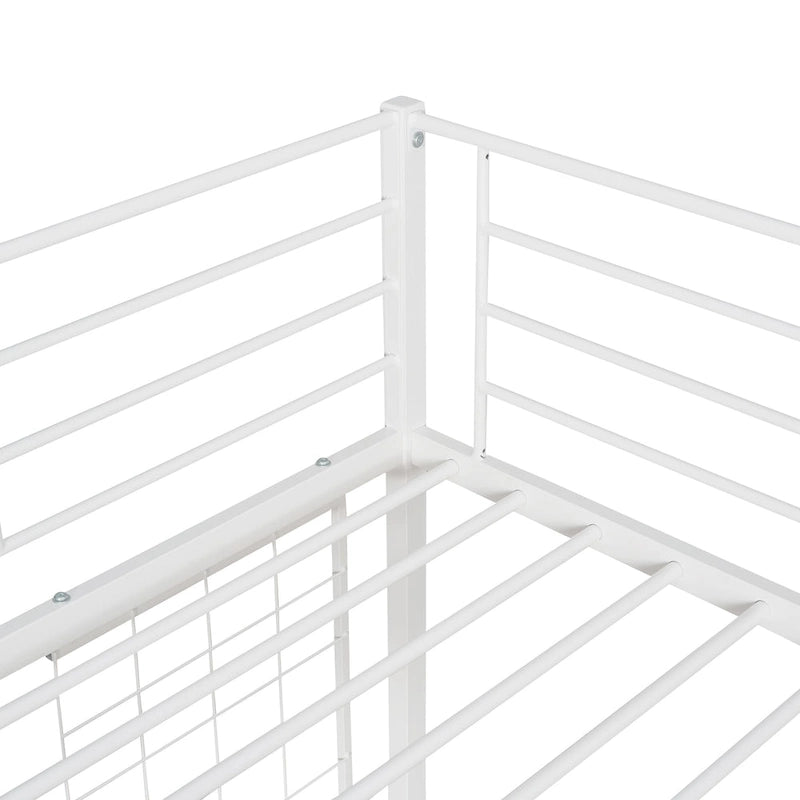 Lit mezzanine double en métal avec bureau, échelle à 4 marches, garde-corps et panneau quadrillé décoratif