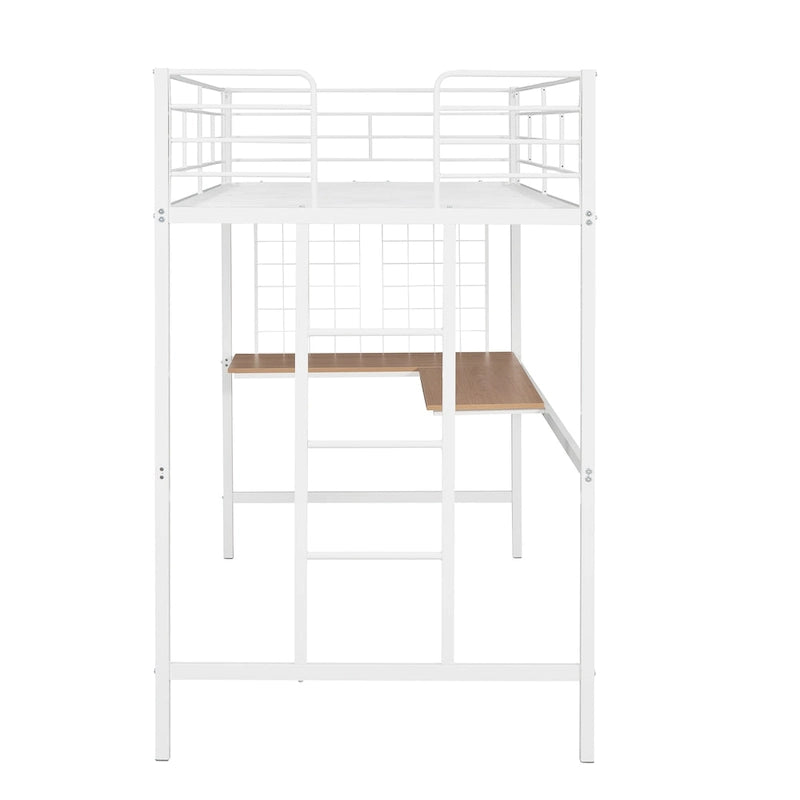 Lit mezzanine double en métal avec bureau, échelle à 4 marches, garde-corps et panneau quadrillé décoratif