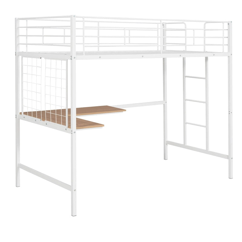 Lit mezzanine double en métal avec bureau, échelle à 4 marches, garde-corps et panneau quadrillé décoratif