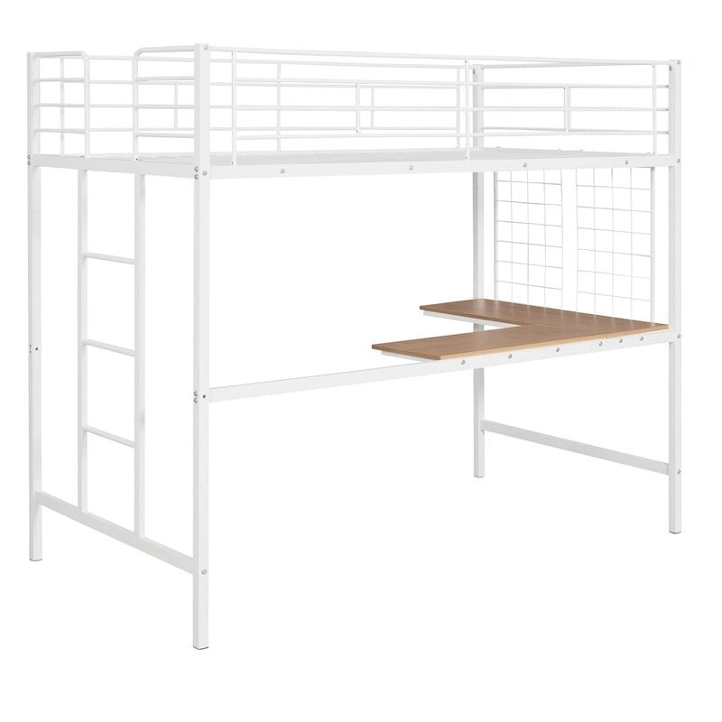 Lit mezzanine double en métal avec bureau, échelle à 4 marches, garde-corps et panneau quadrillé décoratif