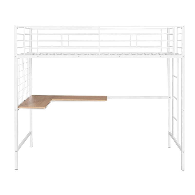 Lit mezzanine double en métal avec bureau, échelle à 4 marches, garde-corps et panneau quadrillé décoratif
