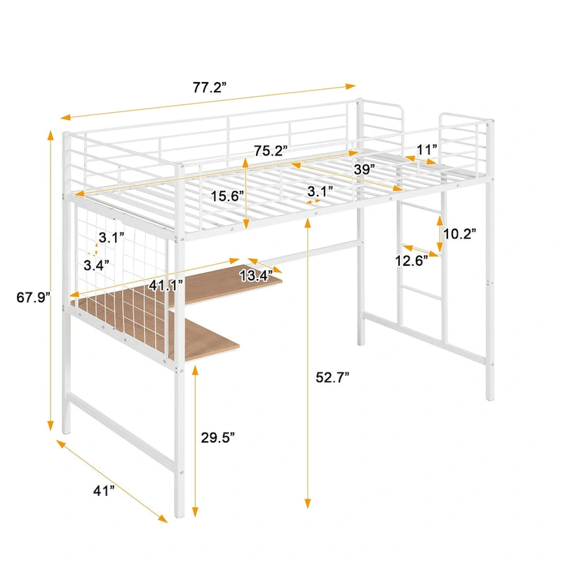 Lit mezzanine double en métal avec bureau, échelle à 4 marches, garde-corps et panneau quadrillé décoratif