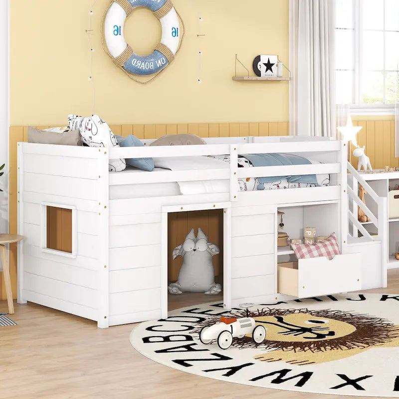 Twin Pine Low Loft Bed with Storage Staircase, Drawer, and Shelf