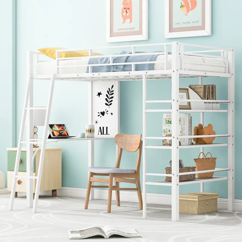 Lit mezzanine simple en métal avec étagères à 3 niveaux, bureau et tableau blanc