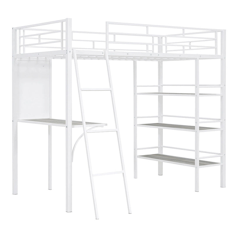 Lit mezzanine simple en métal avec étagères à 3 niveaux, bureau et tableau blanc