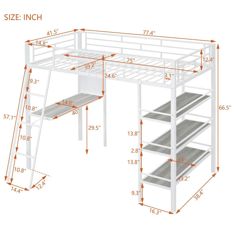 Lit mezzanine simple en métal avec étagères à 3 niveaux, bureau et tableau blanc