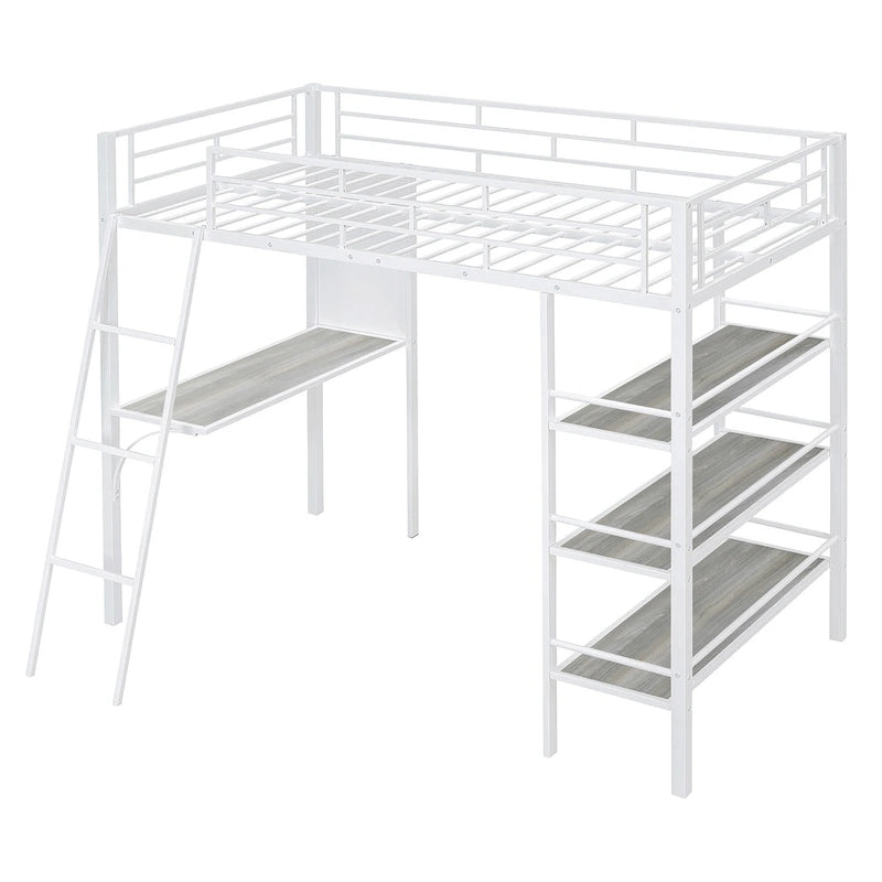 Lit mezzanine simple en métal avec étagères à 3 niveaux, bureau et tableau blanc