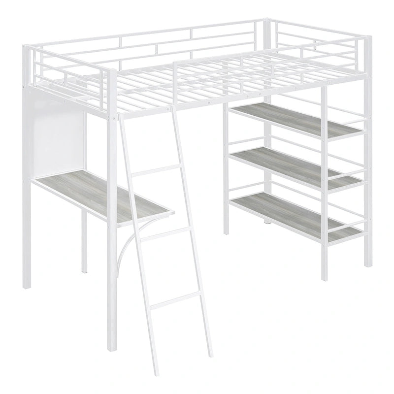 Lit mezzanine simple en métal avec étagères à 3 niveaux, bureau et tableau blanc