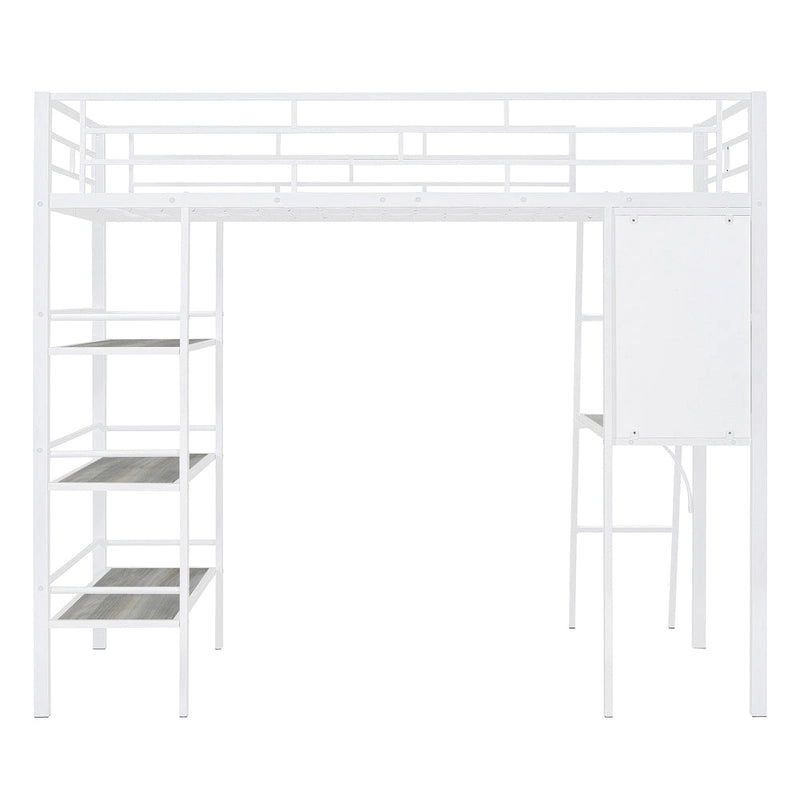 Lit mezzanine simple en métal avec étagères à 3 niveaux, bureau et tableau blanc